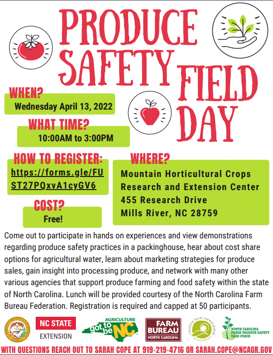 Flier for Produce Safety Field Day in Mills River